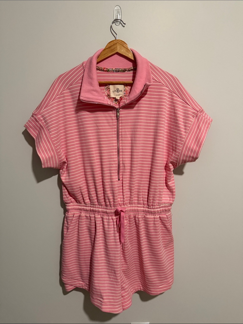 Umgee Pink & White Striped Zip-Front Romper with Drawstring Waist